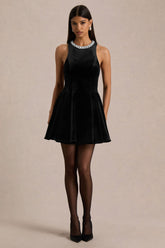Meva | Black Velvet Hand-Embellished High-Neck Mini Dress