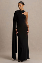 Dawn | Black High-Neck Maxi Dress With One Long Cape-Sleeve