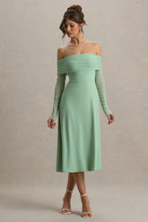 Flatter Me | Light Green Bardot Midi Dress With Mesh Sleeves