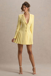 Blossoming | Lemon Plunge-Neck Tailored Mini Dress With Pleating