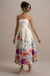 Annalise | Light Pink Floral Print Bandeau Skater Midi Dress