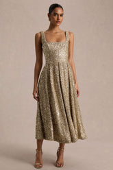 Lima | Champagne Sequin Square-Neck A-Line Midi Dress