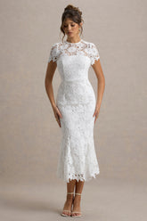Clarissa | White Lace Short-Sleeve Midi Dress