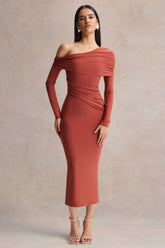 Elliora | Rust Asymmetric-Neck Midi Dress