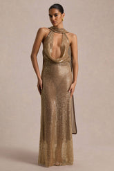 Anele | Gold Sequin High-Neck Sheer Maxi Dress With Sash And Open-Back
