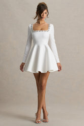 Astonish | White Long-Sleeve Embellished Square-Neck Mini Dress With Volume Skirt