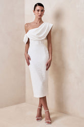 Farvera | White Lace Draped Asymmetric-Neck Midi Dress