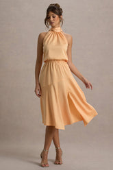 Palonia | Peach Satin High-Neck Split Midi Dress