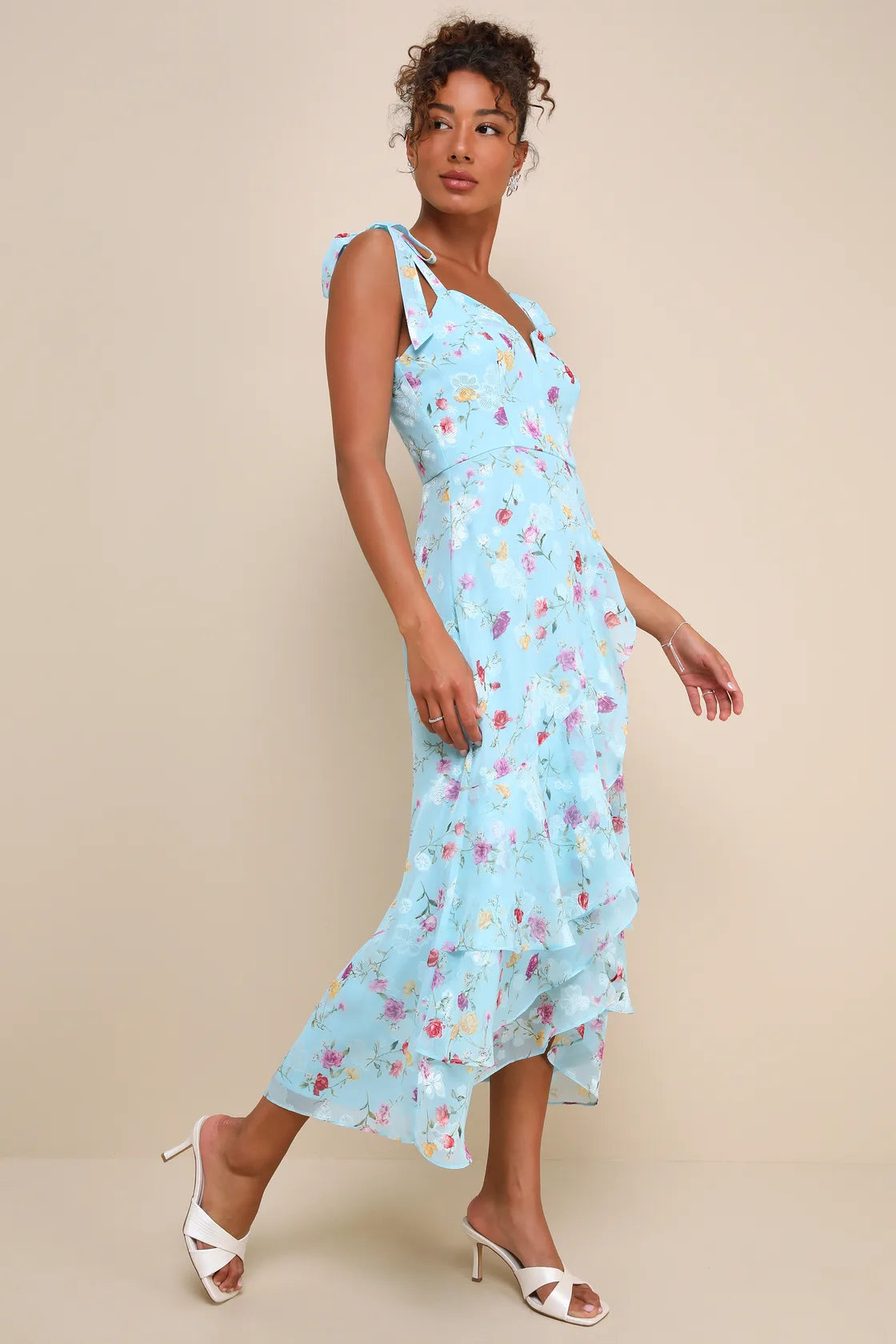 So Elevated Red Floral Jacquard Tie-Strap High-Low Midi Dress