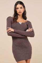 Sweetest Joy Heather Brown Long Sleeve Sweater Mini Dress