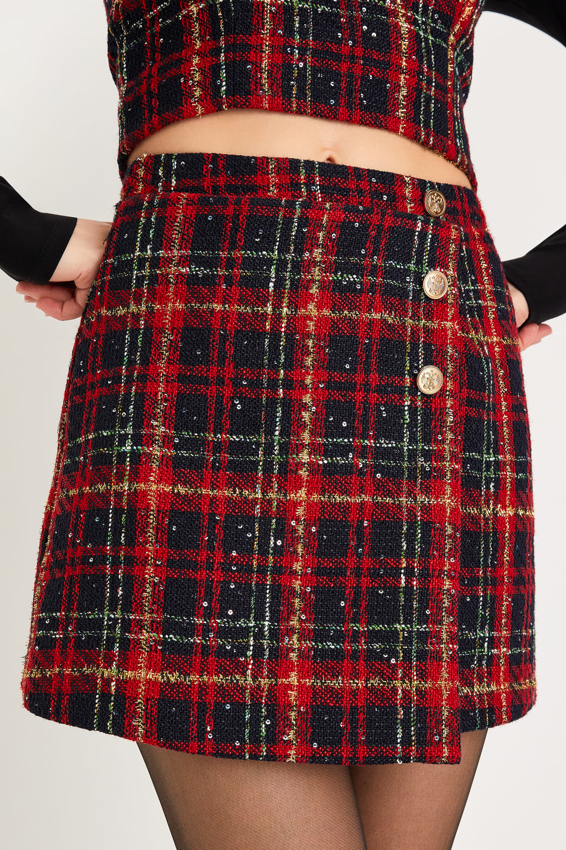 Adorably Posh Dark Green Multi Plaid Tweed Faux-Wrap Mini Skirt