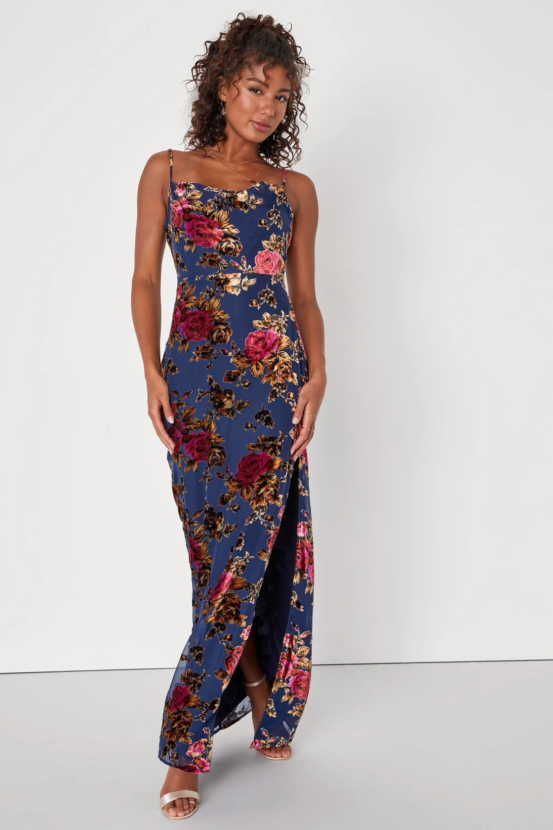 Chic Romantic Black Burnout Velvet Floral Cowl Neck Dress