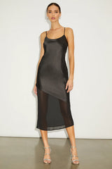 Drew Black Satin and Chiffon Midi Slip Dress