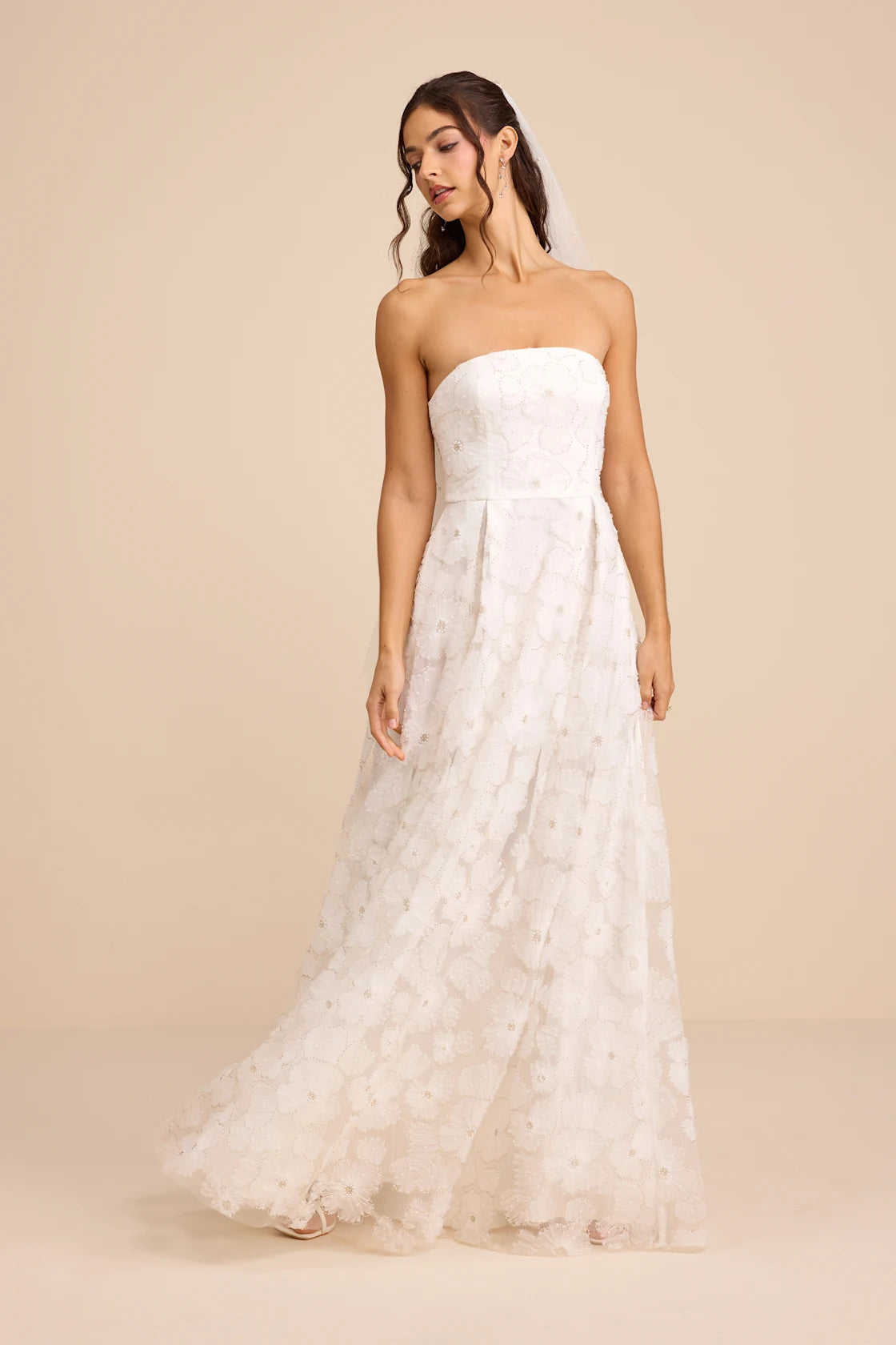 Elysande White Embroidered Beaded Strapless Maxi Dress