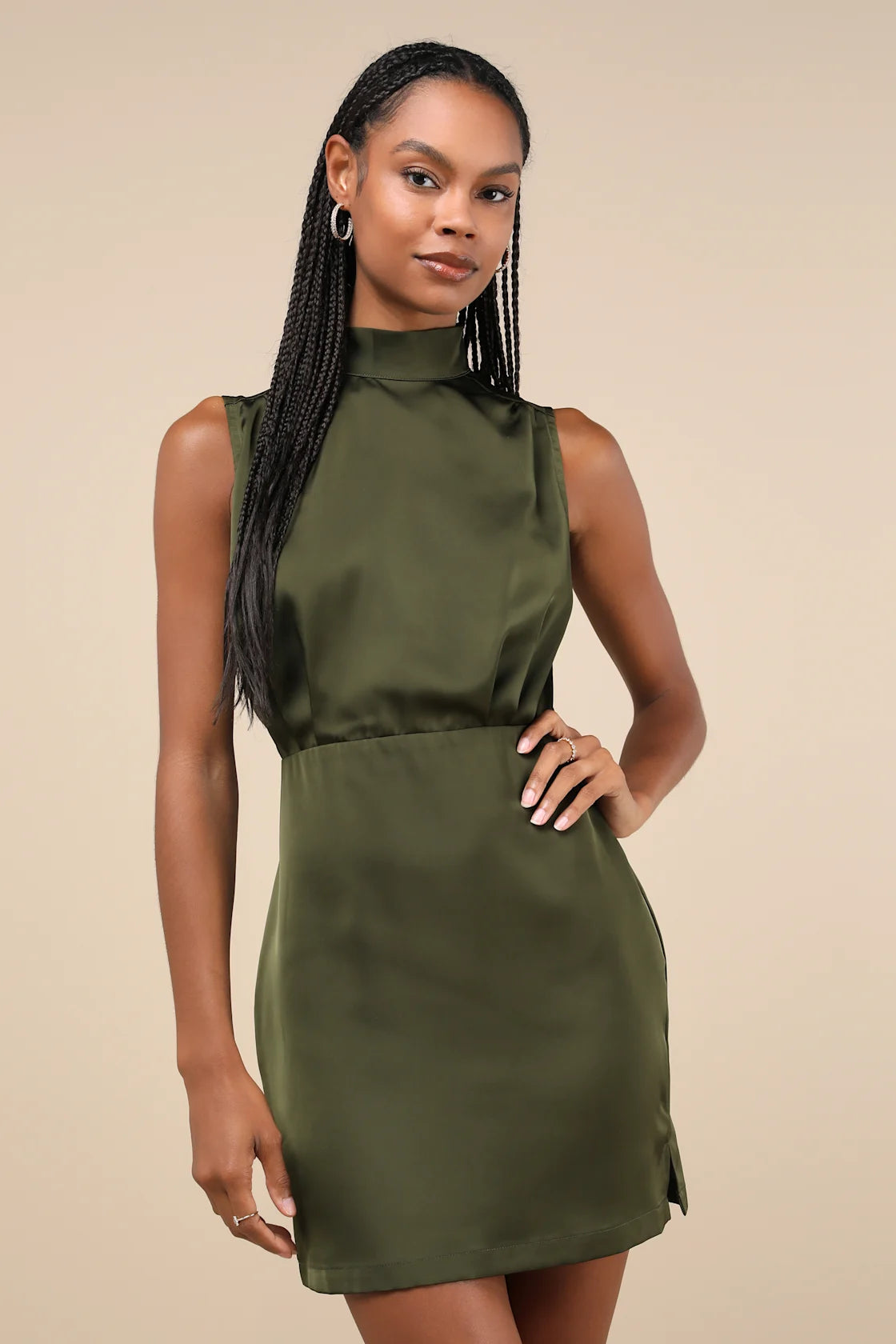 Classic Elegance Navy Satin Sleeveless Mock Neck Mini Dress
