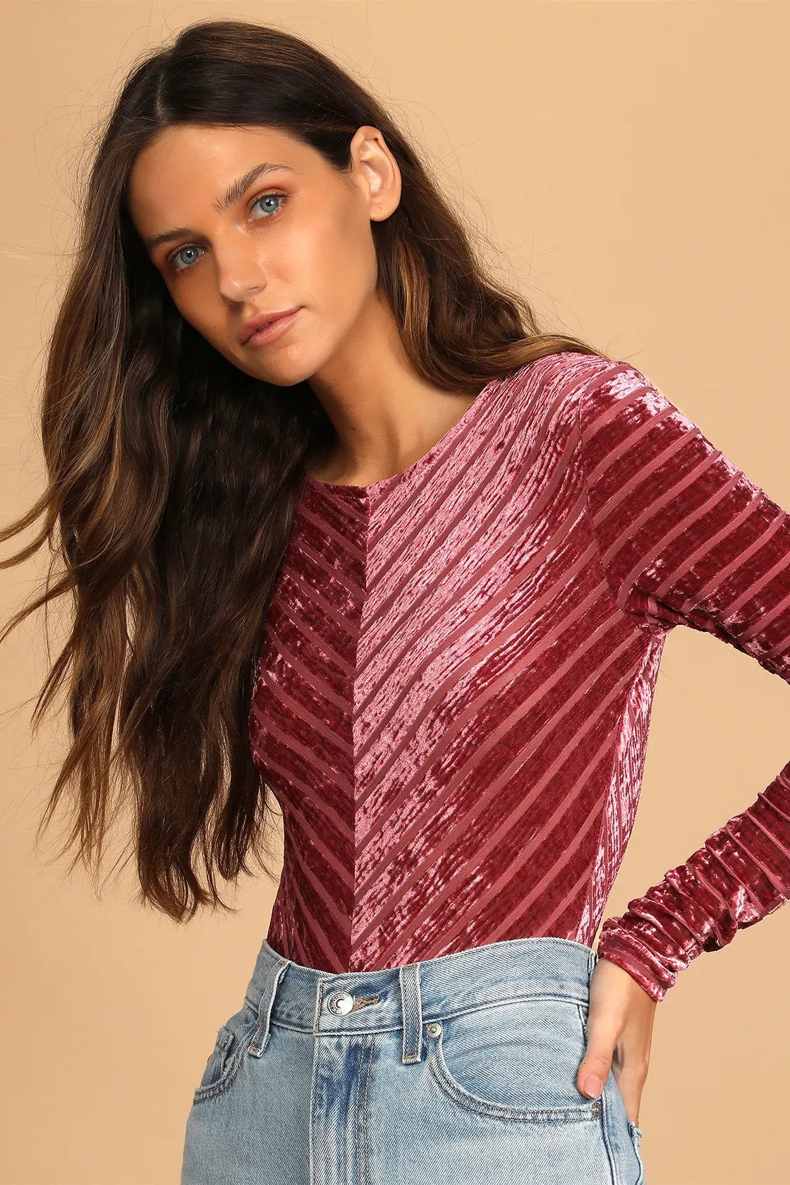 Save the Date Dusty Pink Velvet Striped Long Sleeve Bodysuit