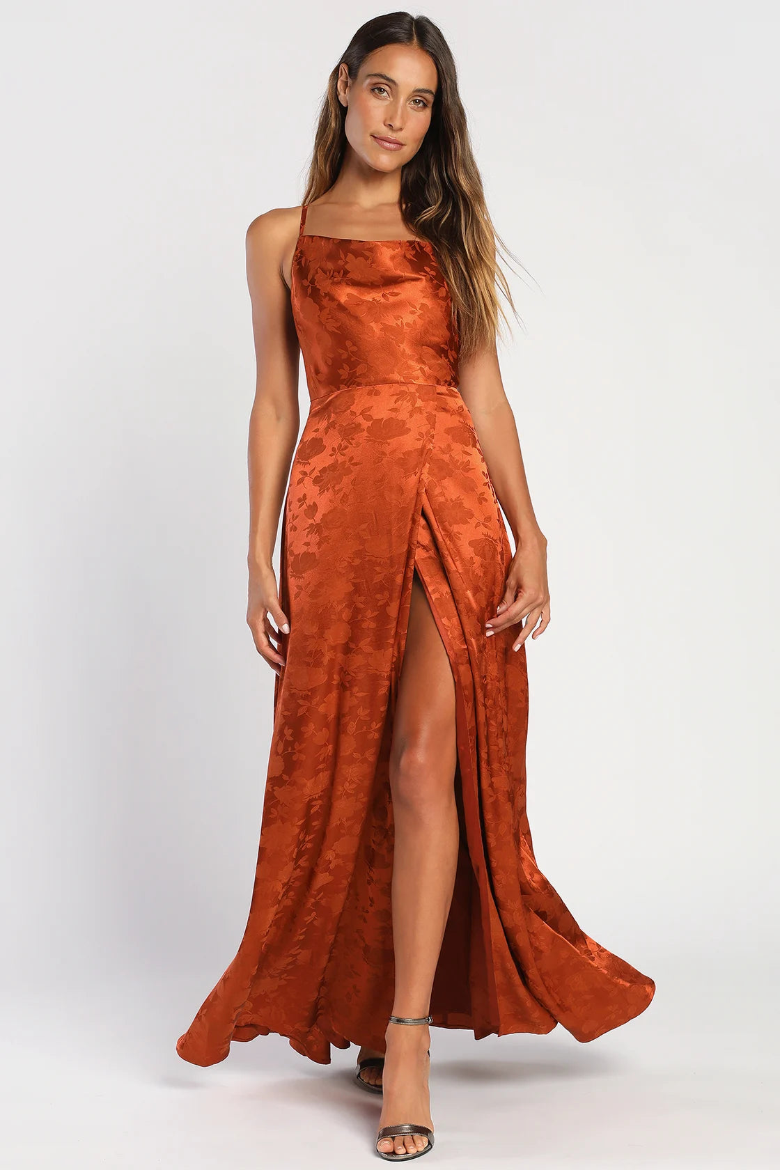 Simply Dreamy Emerald Green Satin Floral Jacquard Maxi Dress