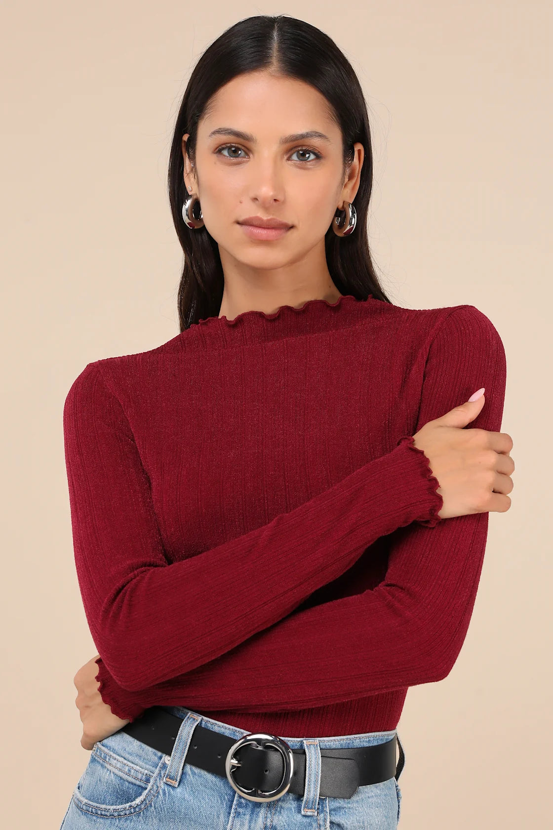 Charmed Vibes Ivory Ribbed Lettuce Edge Long Sleeve Top