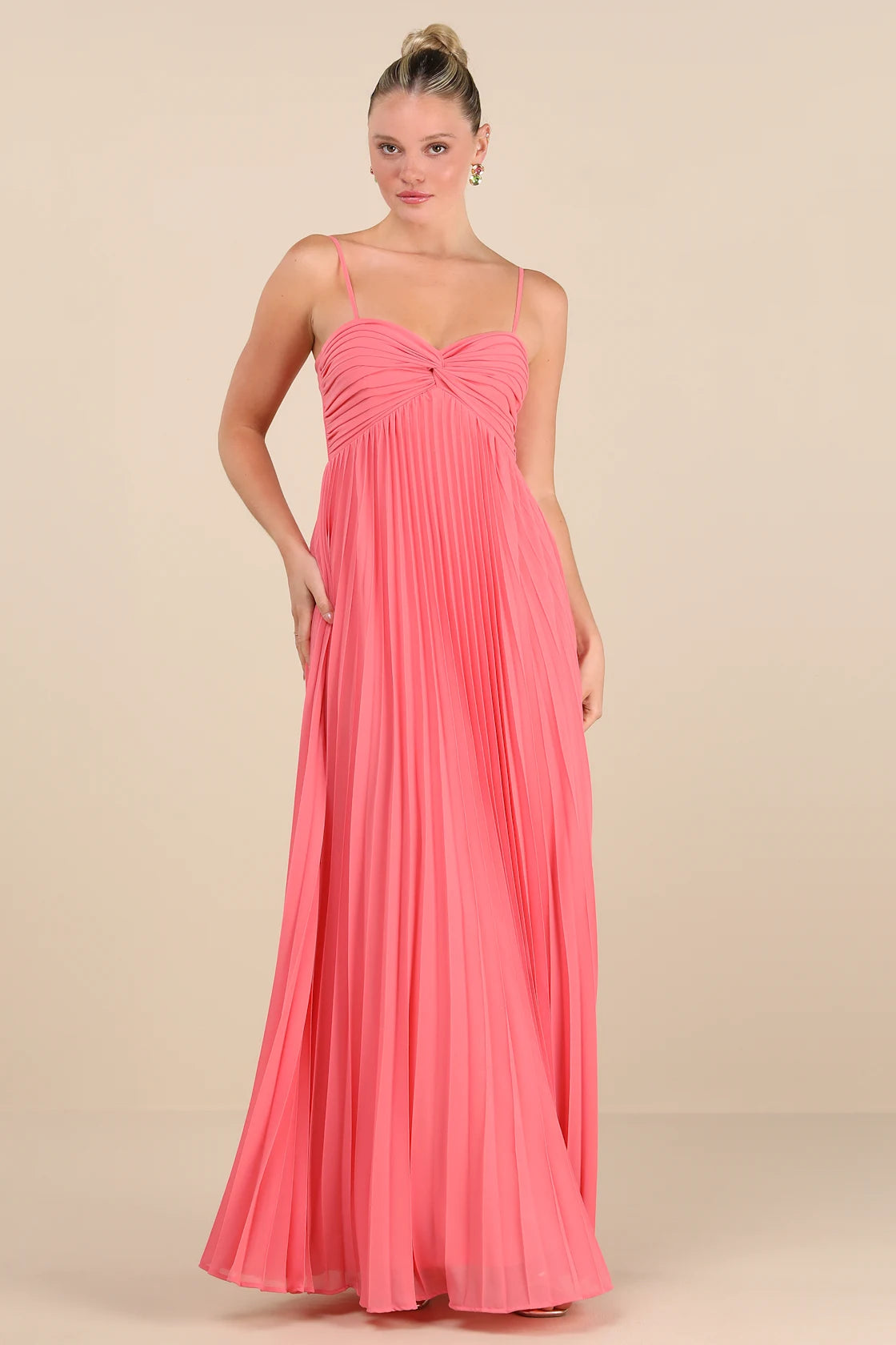 Jolette Blue Pleated Knot-Front Maxi Dress