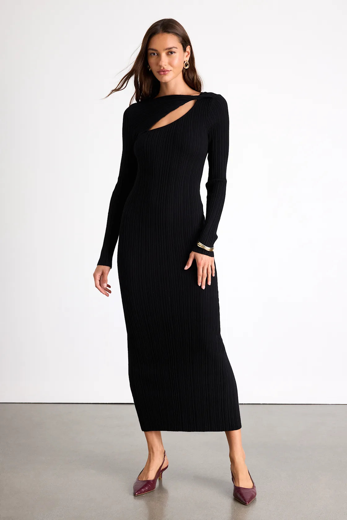 Mattea Grey Ribbed Cutout Long Sleeve Sweater Midi Dress