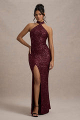 On The Rise | Berry Sequin High-Neck Strappy-Back Split Maxi Dress