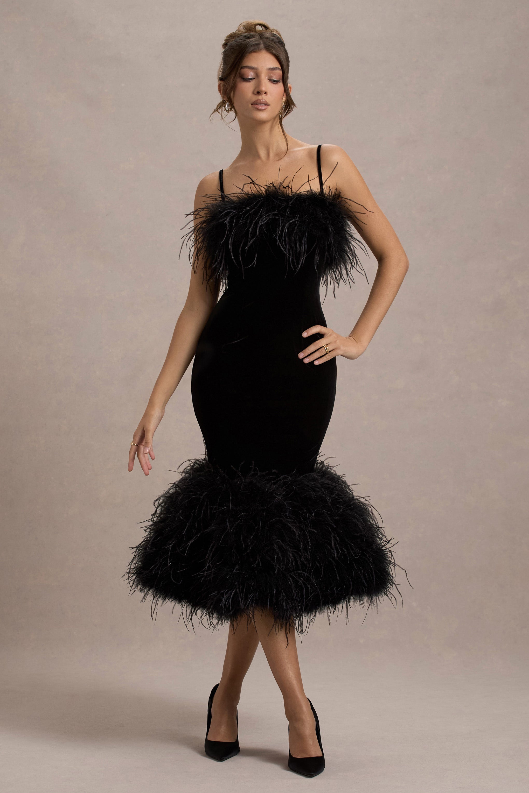 Kalena | Black Velvet Feather Trim Midi Dress