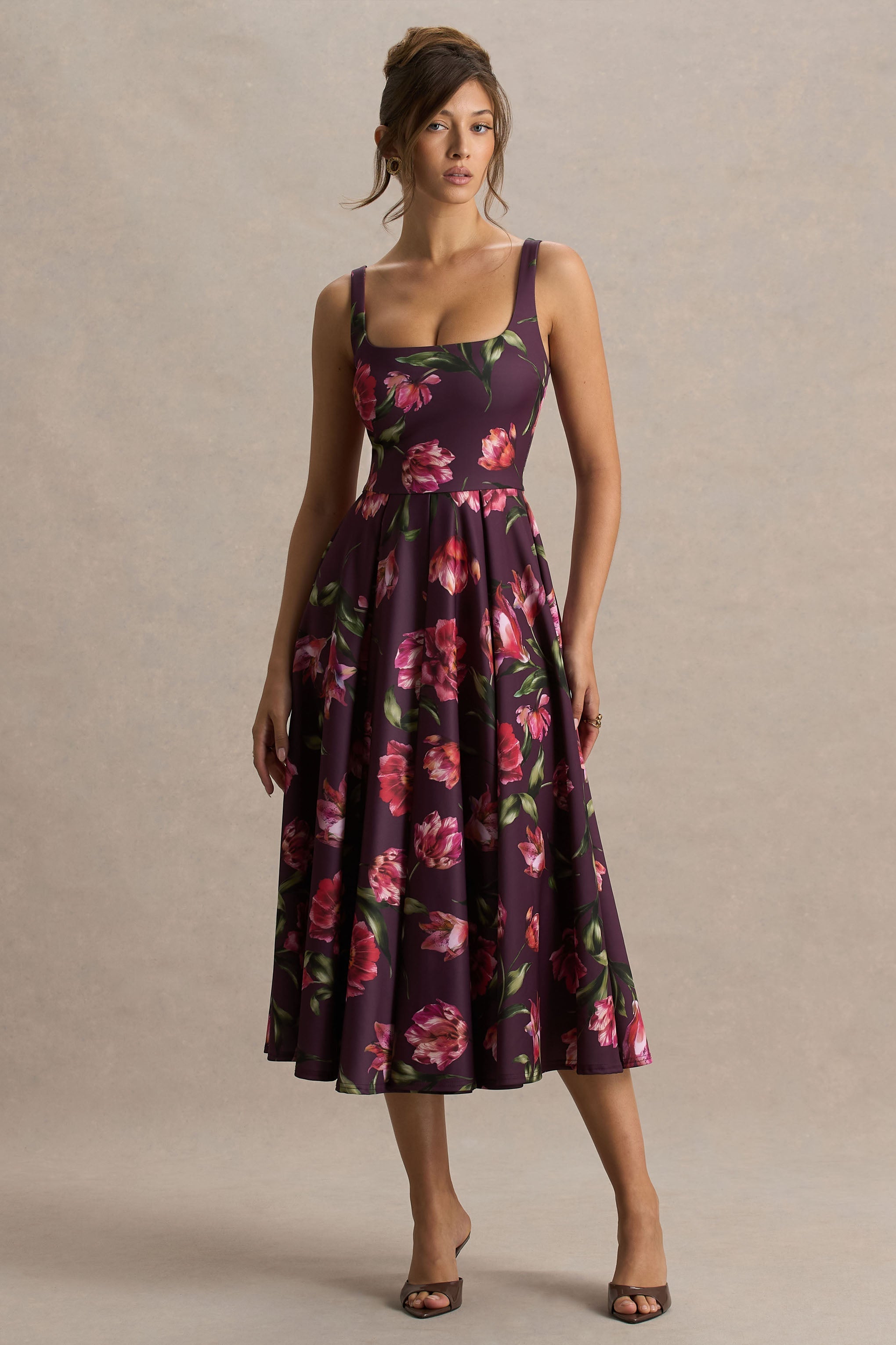 Berta | Burgundy Floral Print Square-Neck Midi Dress