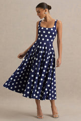 Berta | Navy And White Polka-Dot Square-Neck Midi Dress
