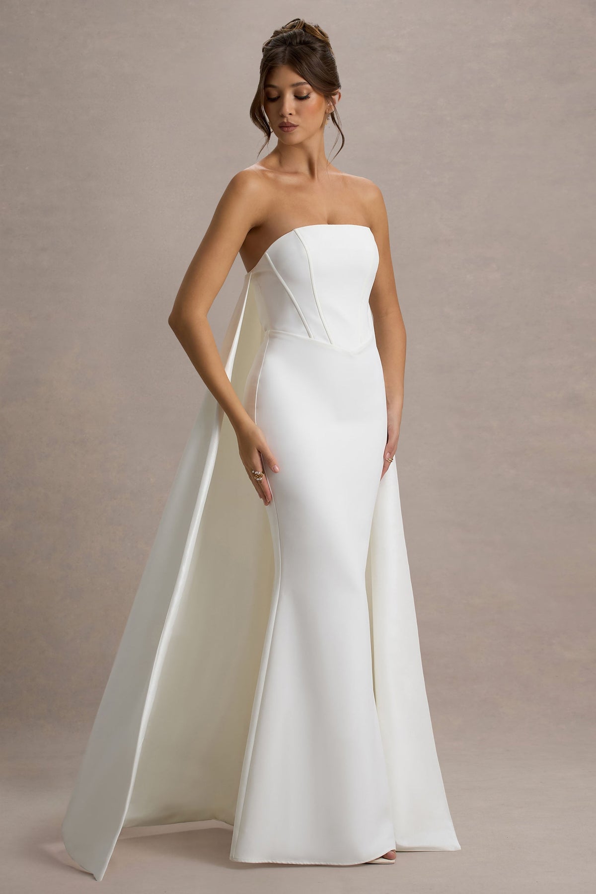 She's Trouble | White Bandeau Maxi Dress With Cape