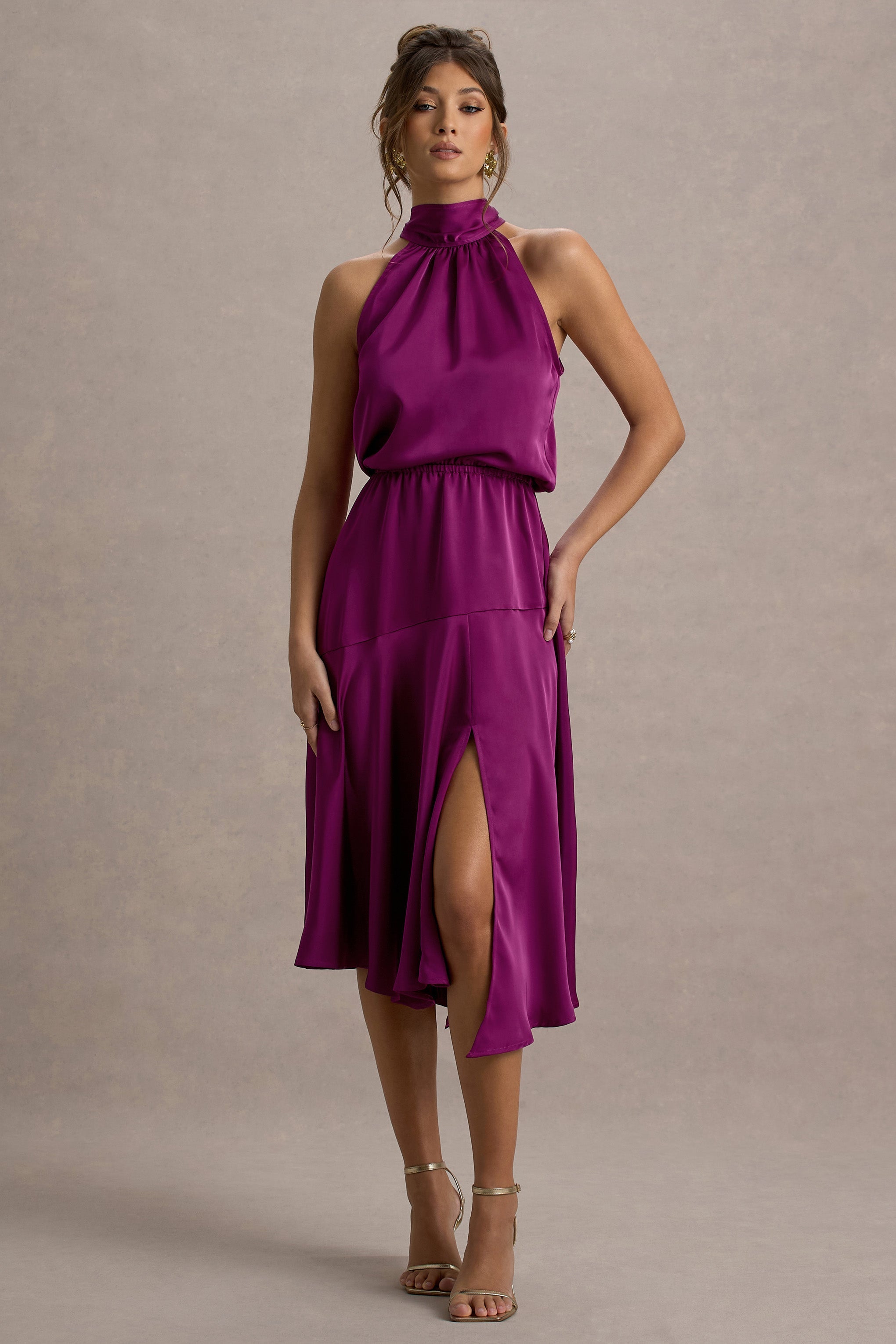 Palonia | Dark Pink Satin High-Neck Split Midi Dress