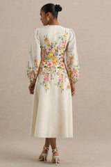 Dahlia | White Floral Border Print High-Neck Midi Dress